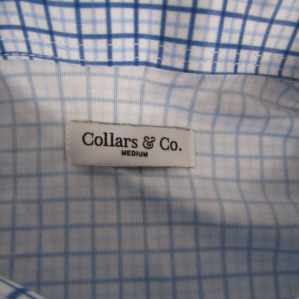 Collars & Co Polo Shirt Mens Medium Blue Check‎ Dress Collar 4 Way Stretch Golf